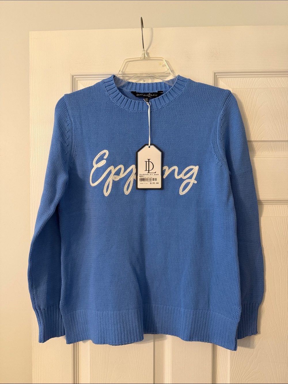DUFFIELD LANE Blue 'Epping' Script Crewneck Sweater size XS brand new